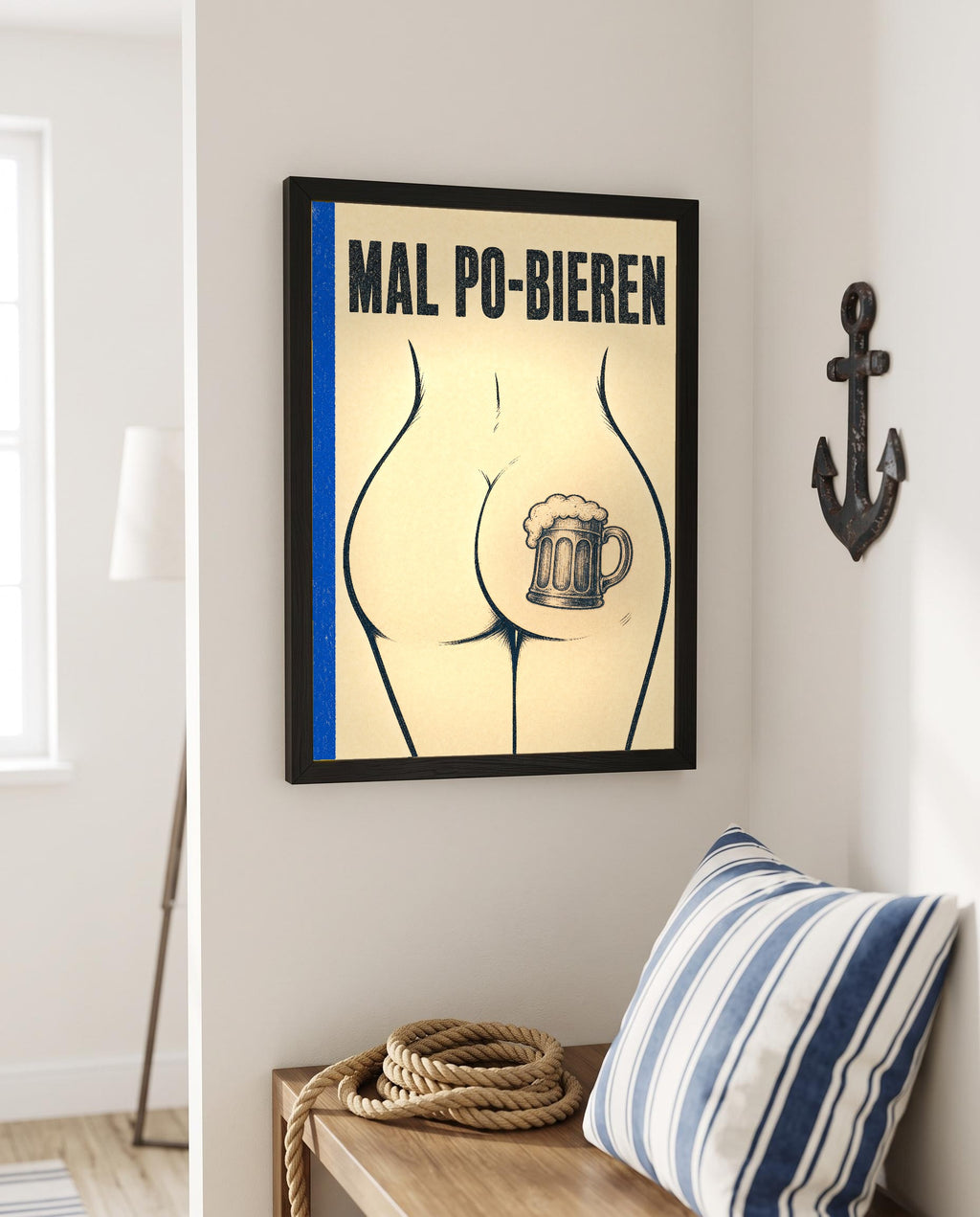 Das Poster mit Rahmen in einer maritimen Ecke mit Anker