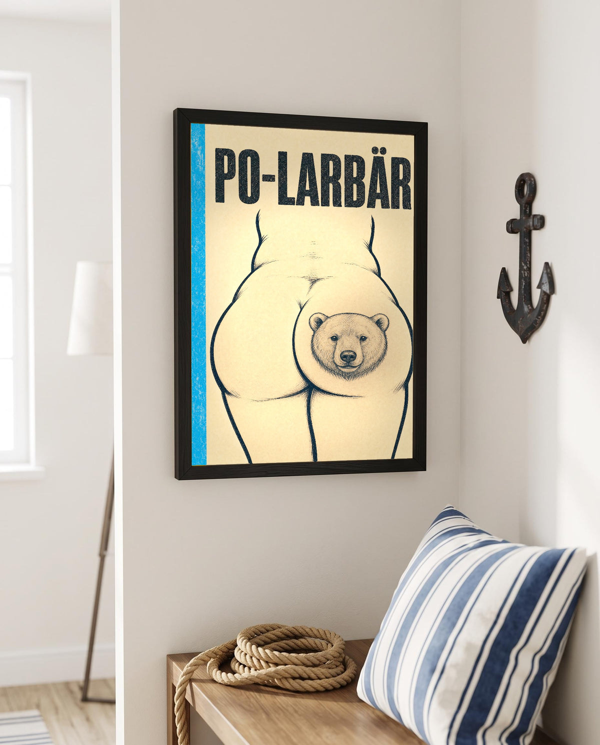 Das Poster mit Rahmen in einer maritimen Ecke mit Anker