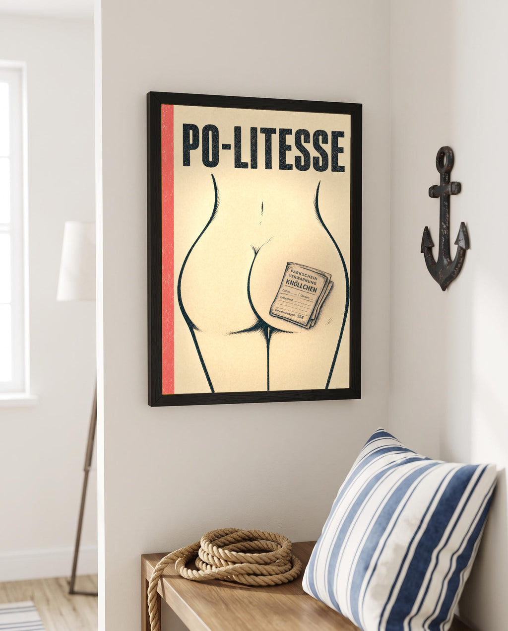 Das Poster mit Rahmen in einer maritimen Ecke mit Anker