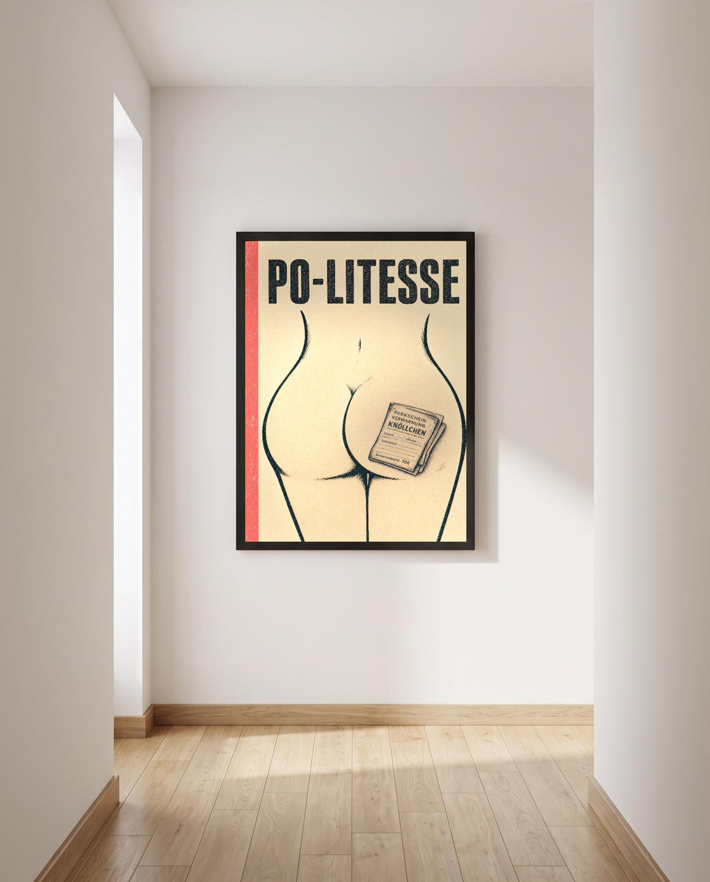 Das Poster mit Rahmen in einem hellen Flur