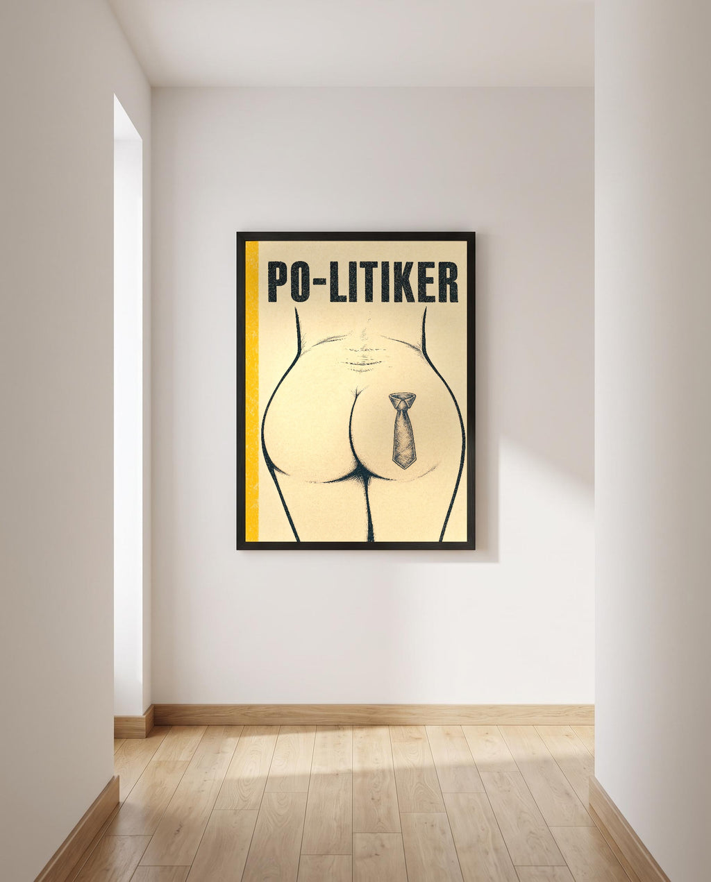 Das Poster mit Rahmen in einem hellen Flur