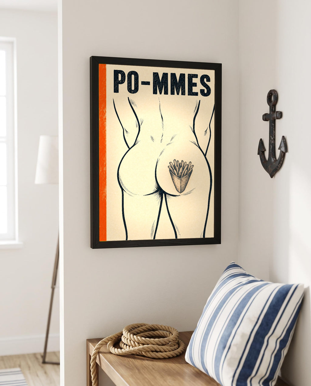 Das Poster mit Rahmen in einer maritimen Ecke mit Anker