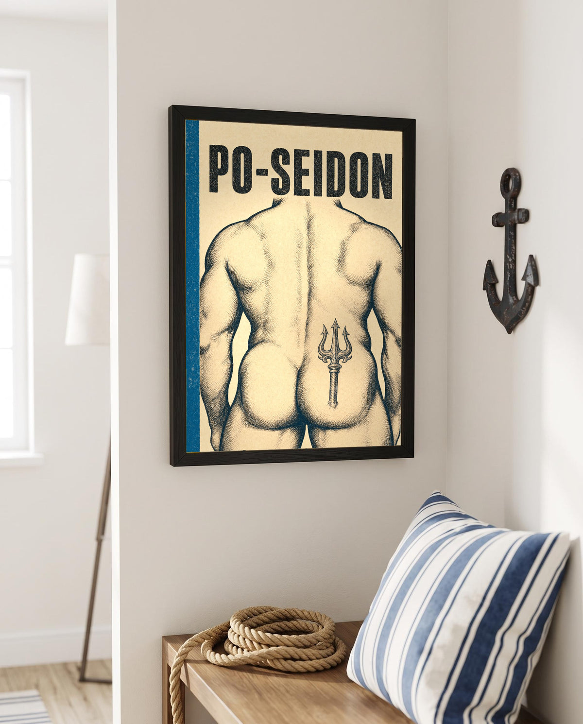 Das Poster mit Rahmen in einer maritimen Ecke mit Anker