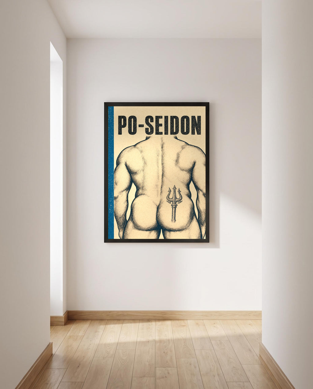 Das Poster mit Rahmen in einem hellen Flur