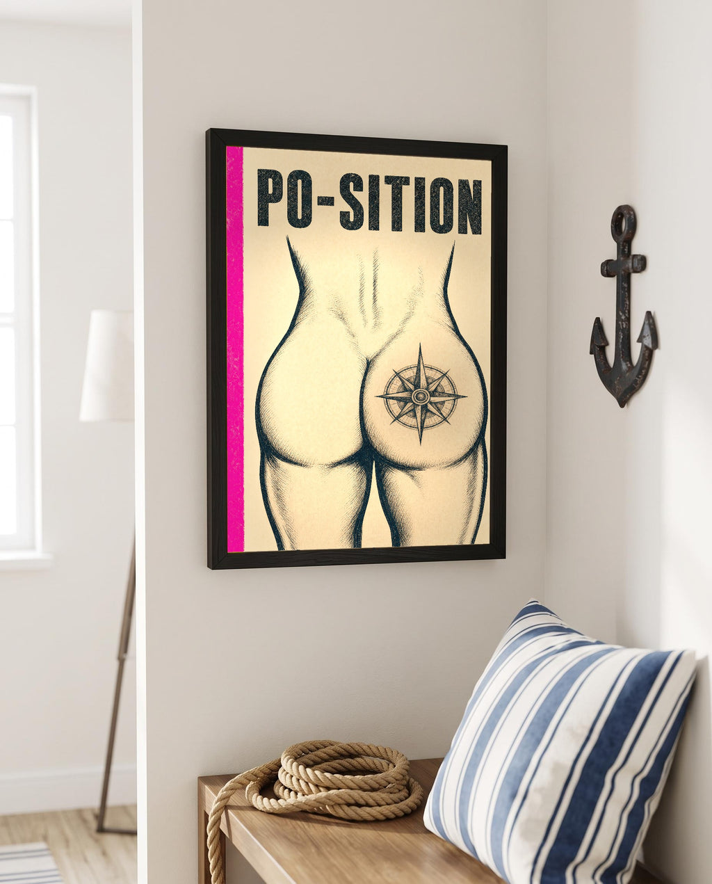 Das Poster mit Rahmen in einer maritimen Ecke mit Anker