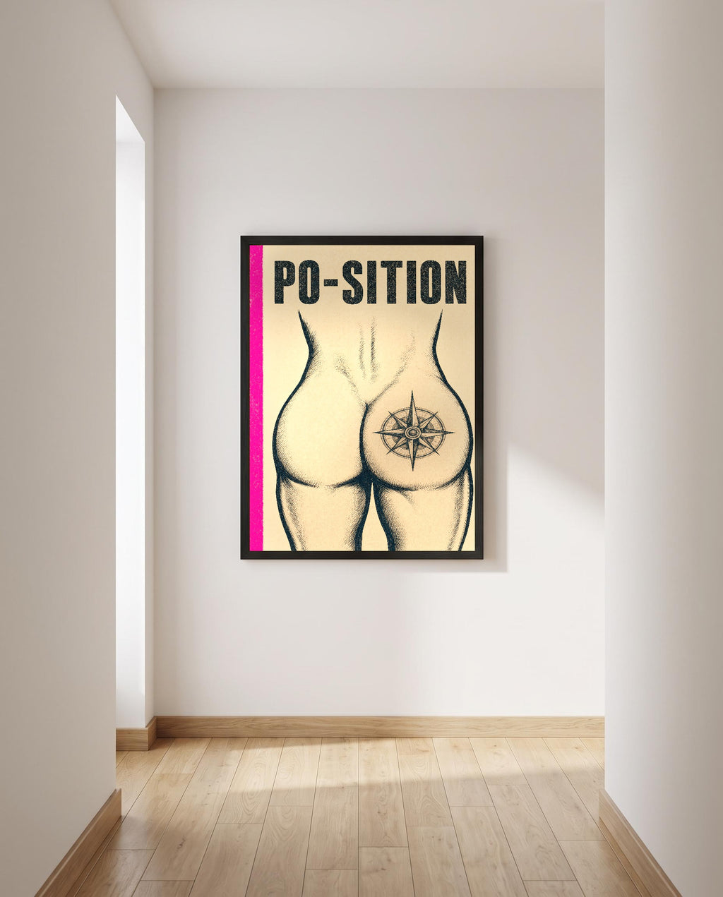 Das Poster mit Rahmen in einem hellen Flur
