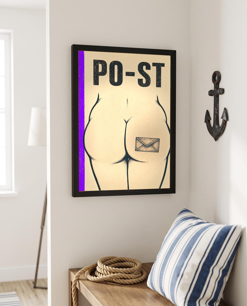 Das Poster mit Rahmen in einer maritimen Ecke mit Anker