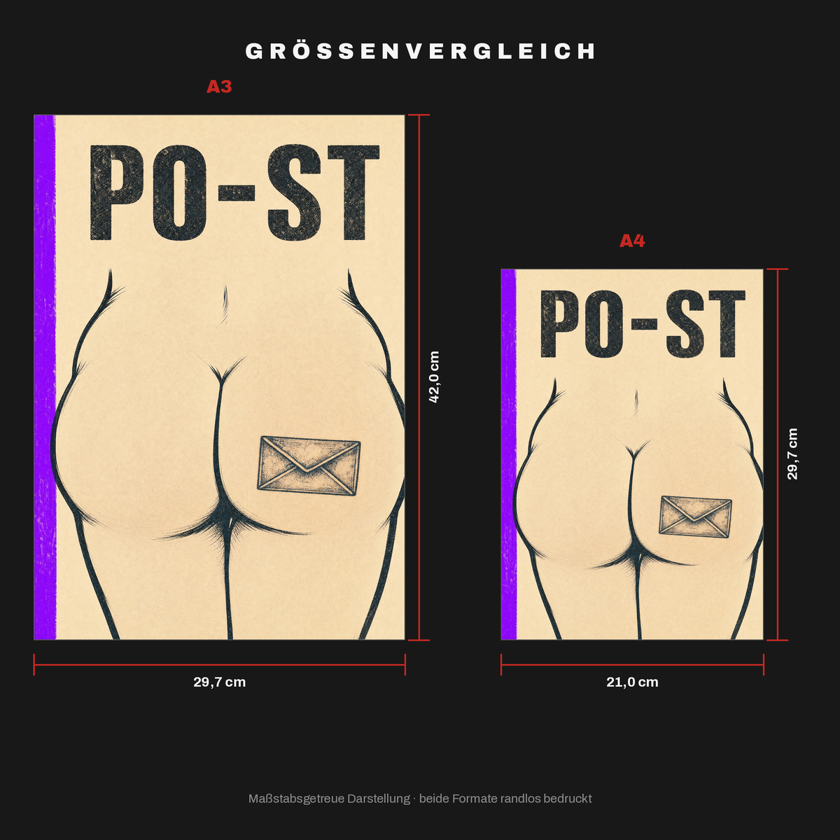 Größenvergleich: A3 (29,7 × 42 cm) neben A4 (21 × 29,7 cm), maßstabsgetreu