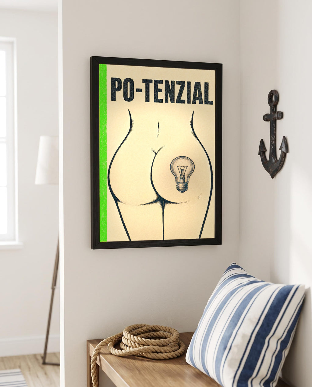 Das Poster mit Rahmen in einer maritimen Ecke mit Anker