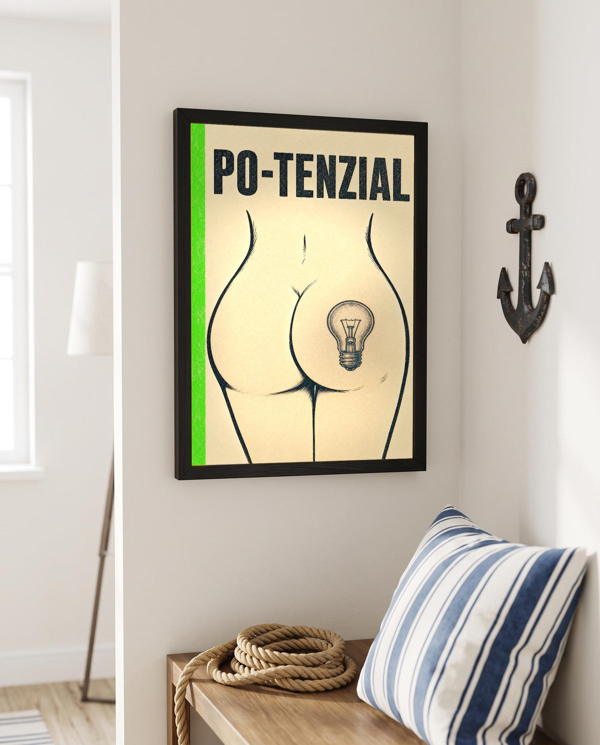Das Poster mit Rahmen in einer maritimen Ecke mit Anker