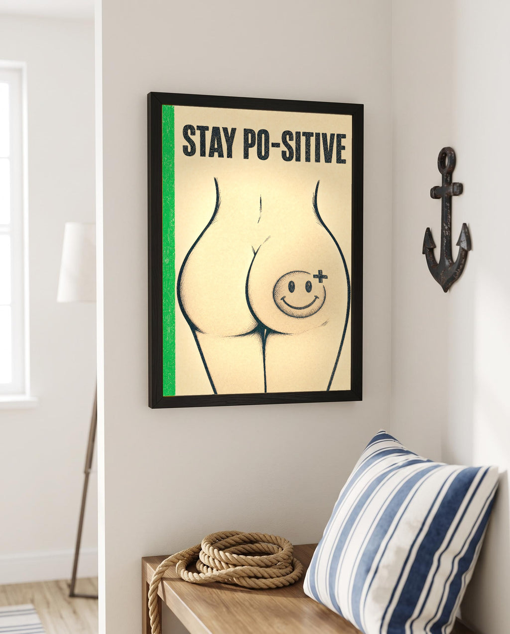 Das Poster mit Rahmen in einer maritimen Ecke mit Anker