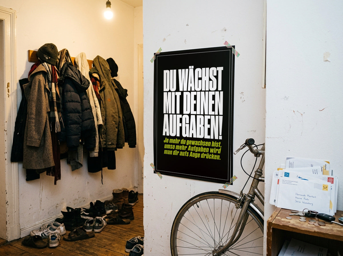 Das Poster mit Washi-Tape an der Wand in einem WG-Flur