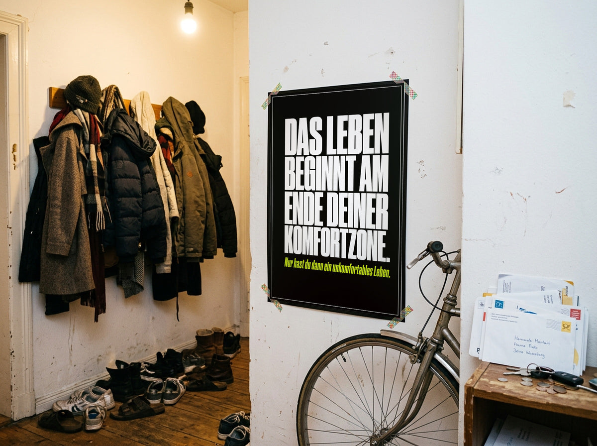 Das Poster mit Washi-Tape an der Wand in einem WG-Flur