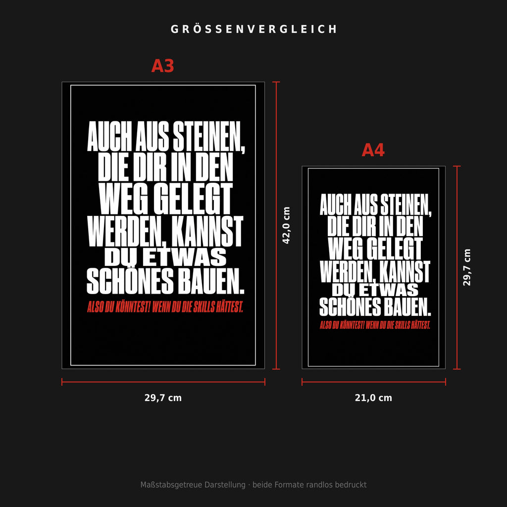Größenvergleich: Poster „Auch aus Steinen … kannst du etwas Schönes bauen“ in A3 (29,7 × 42 cm) neben A4 (21 × 29,7 cm), maßstabsgetreu nebeneinander