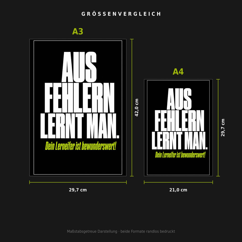 Größenvergleich: Poster „Aus Fehlern lernt man“ in A3 (29,7 × 42 cm) neben A4 (21 × 29,7 cm), maßstabsgetreu nebeneinander