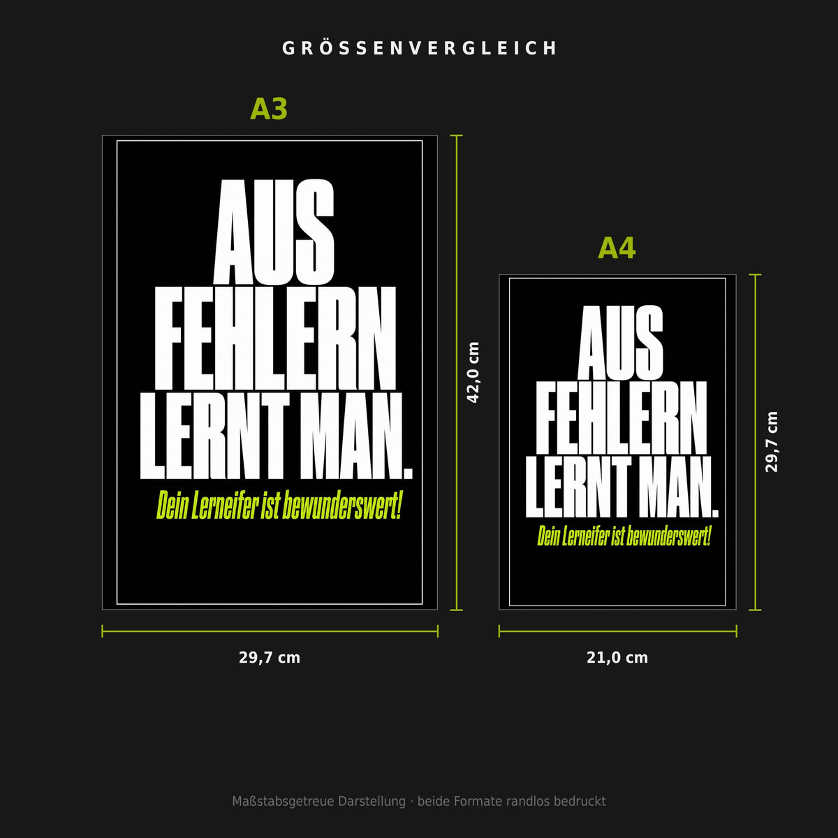 Größenvergleich: Poster „Aus Fehlern lernt man“ in A3 (29,7 × 42 cm) neben A4 (21 × 29,7 cm), maßstabsgetreu nebeneinander