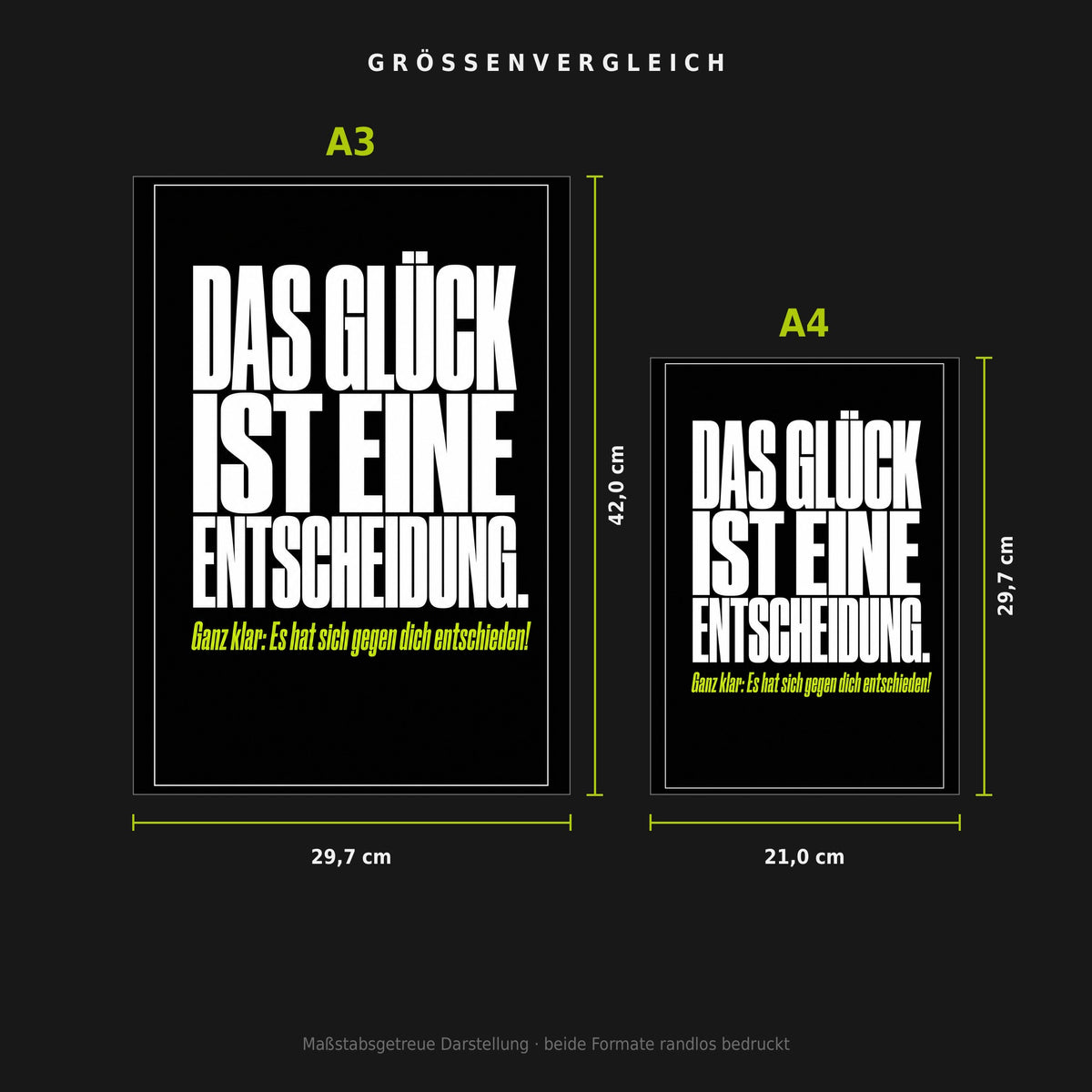 Größenvergleich: Poster „Das Glück ist eine Entscheidung“ in A3 (29,7 × 42 cm) neben A4 (21 × 29,7 cm), maßstabsgetreu nebeneinander