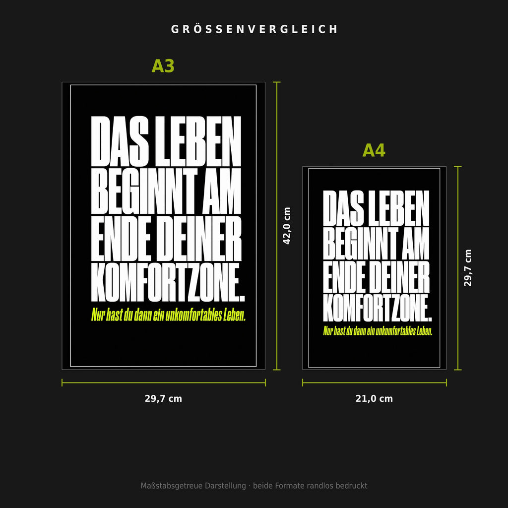 Größenvergleich: Poster „Das Leben beginnt am Ende deiner Komfortzone“ in A3 (29,7 × 42 cm) neben A4 (21 × 29,7 cm), maßstabsgetreu nebeneinander