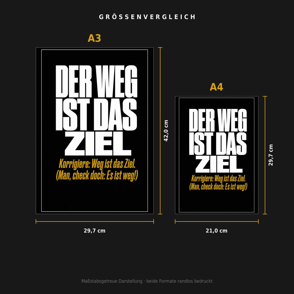 Größenvergleich: Poster „Der Weg ist das Ziel“ in A3 (29,7 × 42 cm) neben A4 (21 × 29,7 cm), maßstabsgetreu nebeneinander