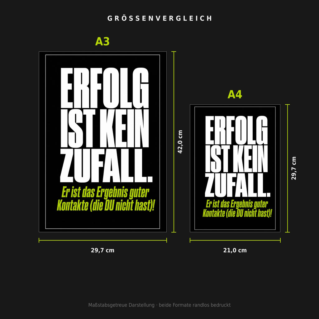 Größenvergleich: Poster „Erfolg ist kein Zufall“ in A3 (29,7 × 42 cm) neben A4 (21 × 29,7 cm), maßstabsgetreu nebeneinander