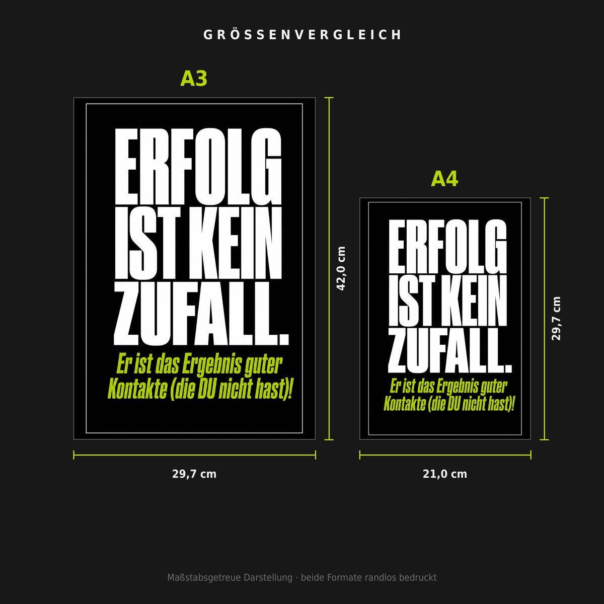Größenvergleich: Poster „Erfolg ist kein Zufall“ in A3 (29,7 × 42 cm) neben A4 (21 × 29,7 cm), maßstabsgetreu nebeneinander