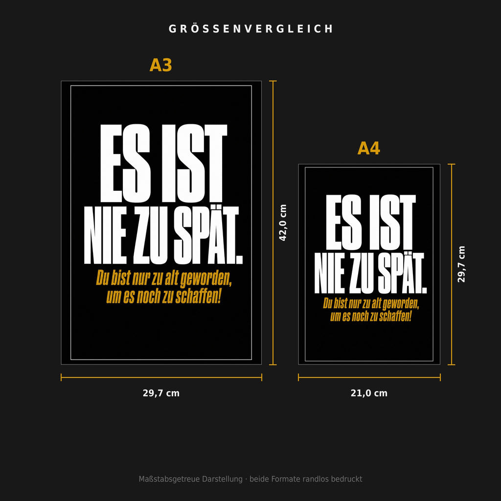 Größenvergleich: Poster „Es ist nie zu spät“ in A3 (29,7 × 42 cm) neben A4 (21 × 29,7 cm), maßstabsgetreu nebeneinander
