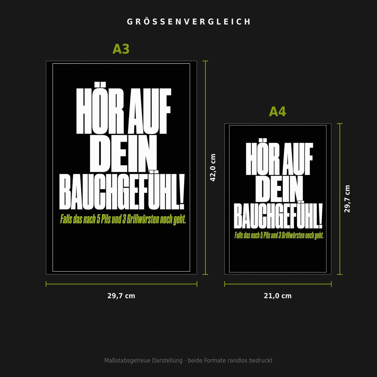Größenvergleich: Poster „Hör auf dein Bauchgefühl“ in A3 (29,7 × 42 cm) neben A4 (21 × 29,7 cm), maßstabsgetreu nebeneinander