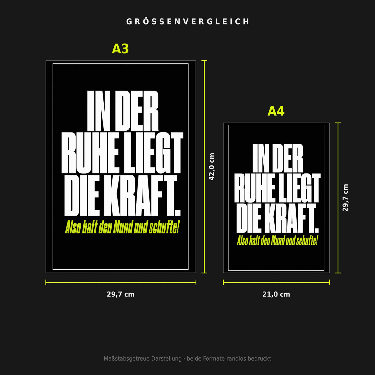 Größenvergleich: Poster „In der Ruhe liegt die Kraft“ in A3 (29,7 × 42 cm) neben A4 (21 × 29,7 cm), maßstabsgetreu nebeneinander