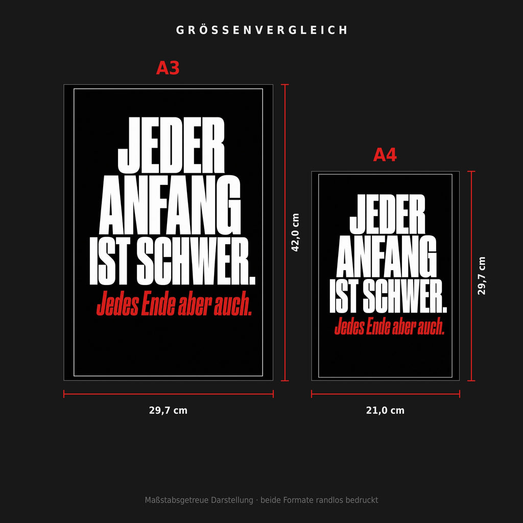 Größenvergleich: Poster „Jeder Anfang ist schwer“ in A3 (29,7 × 42 cm) neben A4 (21 × 29,7 cm), maßstabsgetreu nebeneinander