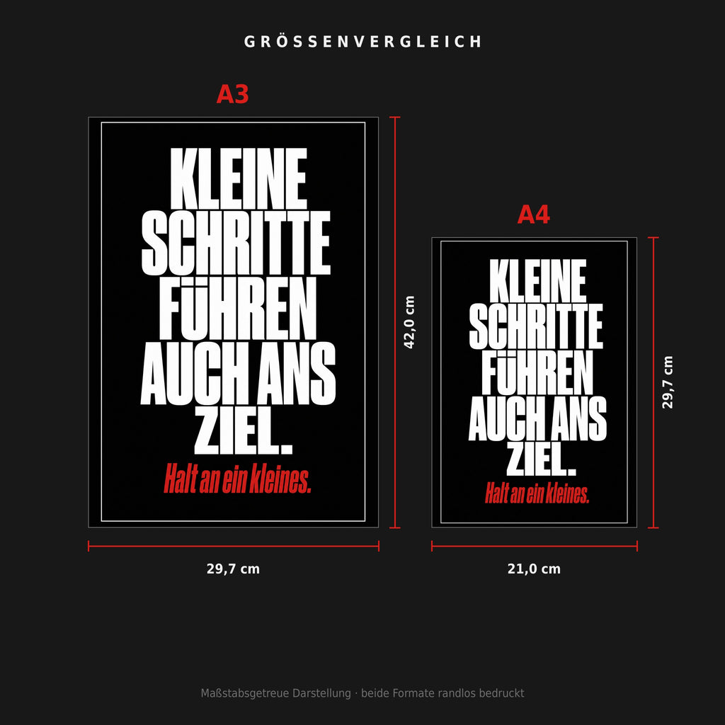 Größenvergleich: Poster „Kleine Schritte führen auch ans Ziel“ in A3 (29,7 × 42 cm) neben A4 (21 × 29,7 cm), maßstabsgetreu nebeneinander