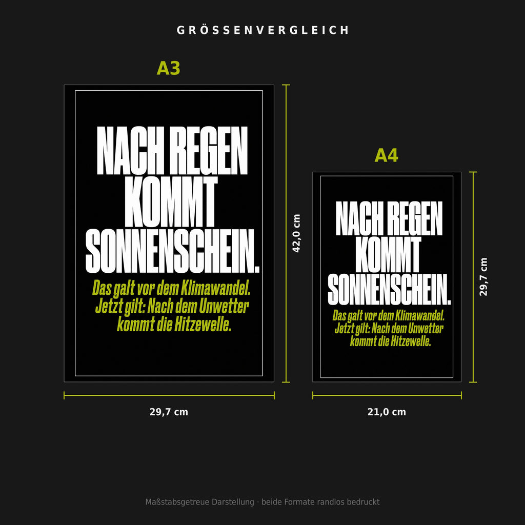 Größenvergleich: Poster „Nach Regen kommt Sonnenschein“ in A3 (29,7 × 42 cm) neben A4 (21 × 29,7 cm), maßstabsgetreu nebeneinander