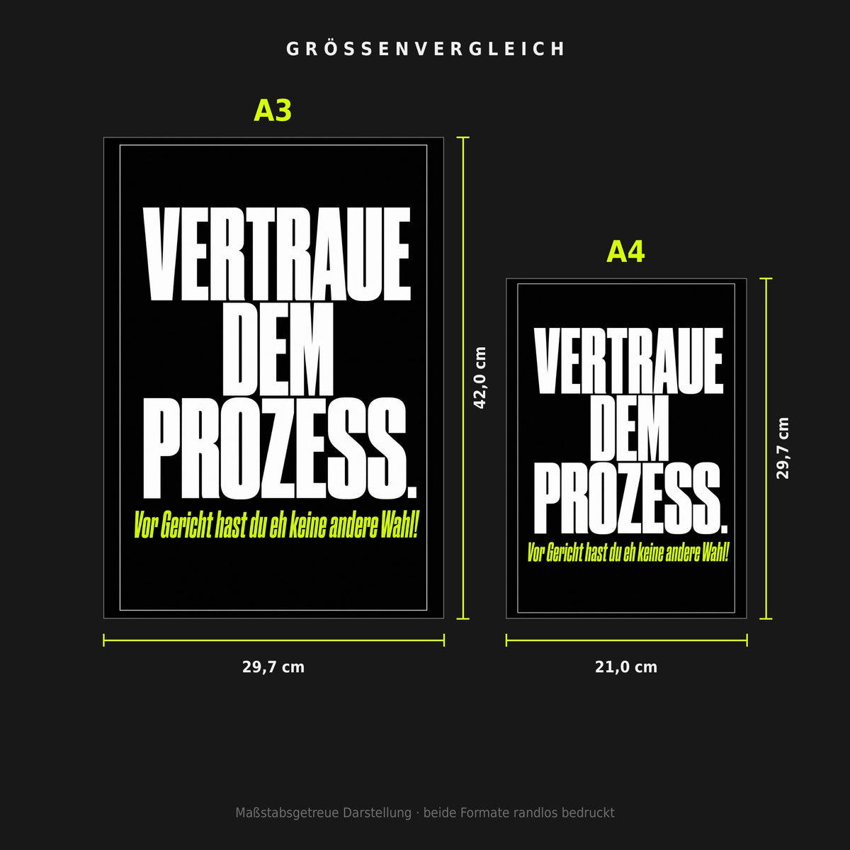 Größenvergleich: Poster „Vertraue dem Prozess“ in A3 (29,7 × 42 cm) neben A4 (21 × 29,7 cm), maßstabsgetreu nebeneinander