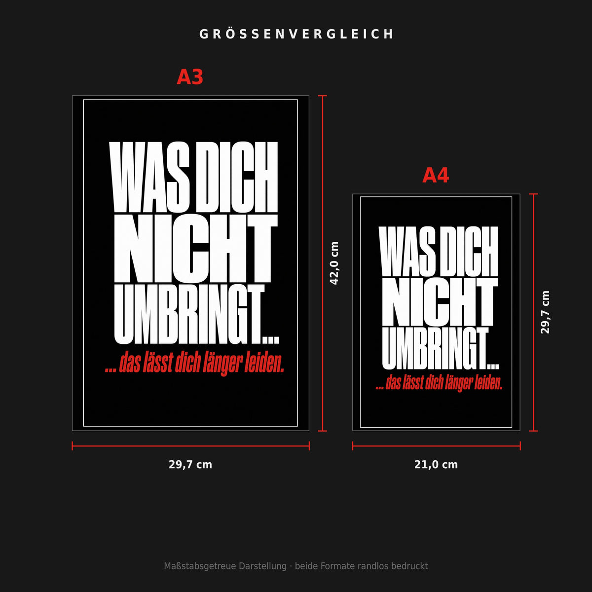 Größenvergleich: Poster „Was dich nicht umbringt …“ in A3 (29,7 × 42 cm) neben A4 (21 × 29,7 cm), maßstabsgetreu nebeneinander