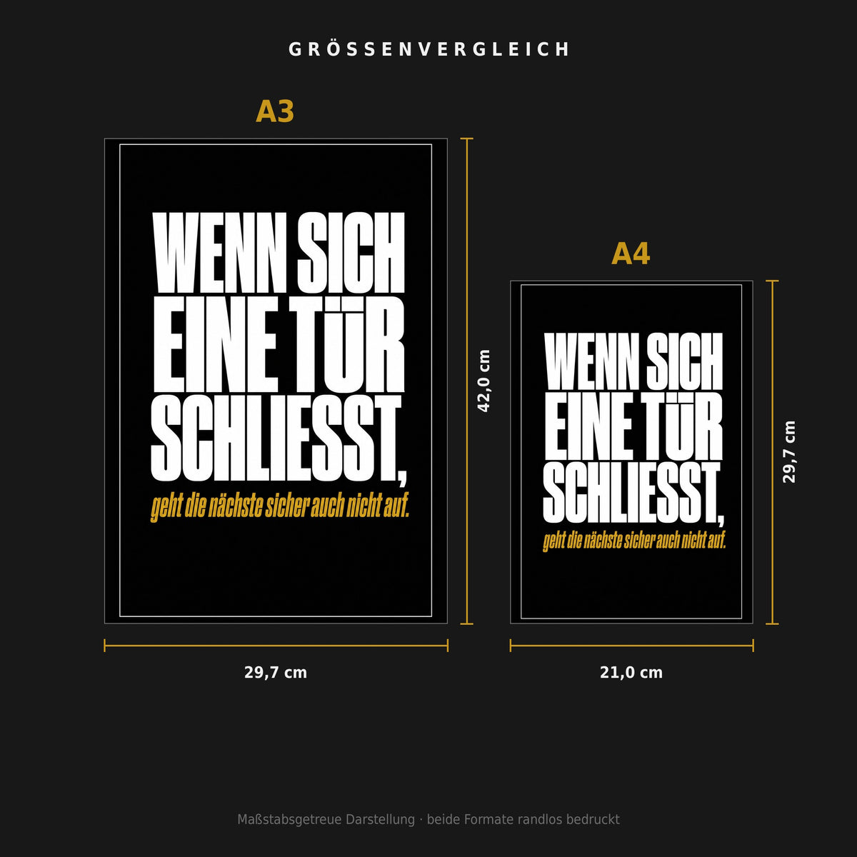 Größenvergleich: Poster „Wenn sich eine Tür schließt …“ in A3 (29,7 × 42 cm) neben A4 (21 × 29,7 cm), maßstabsgetreu nebeneinander