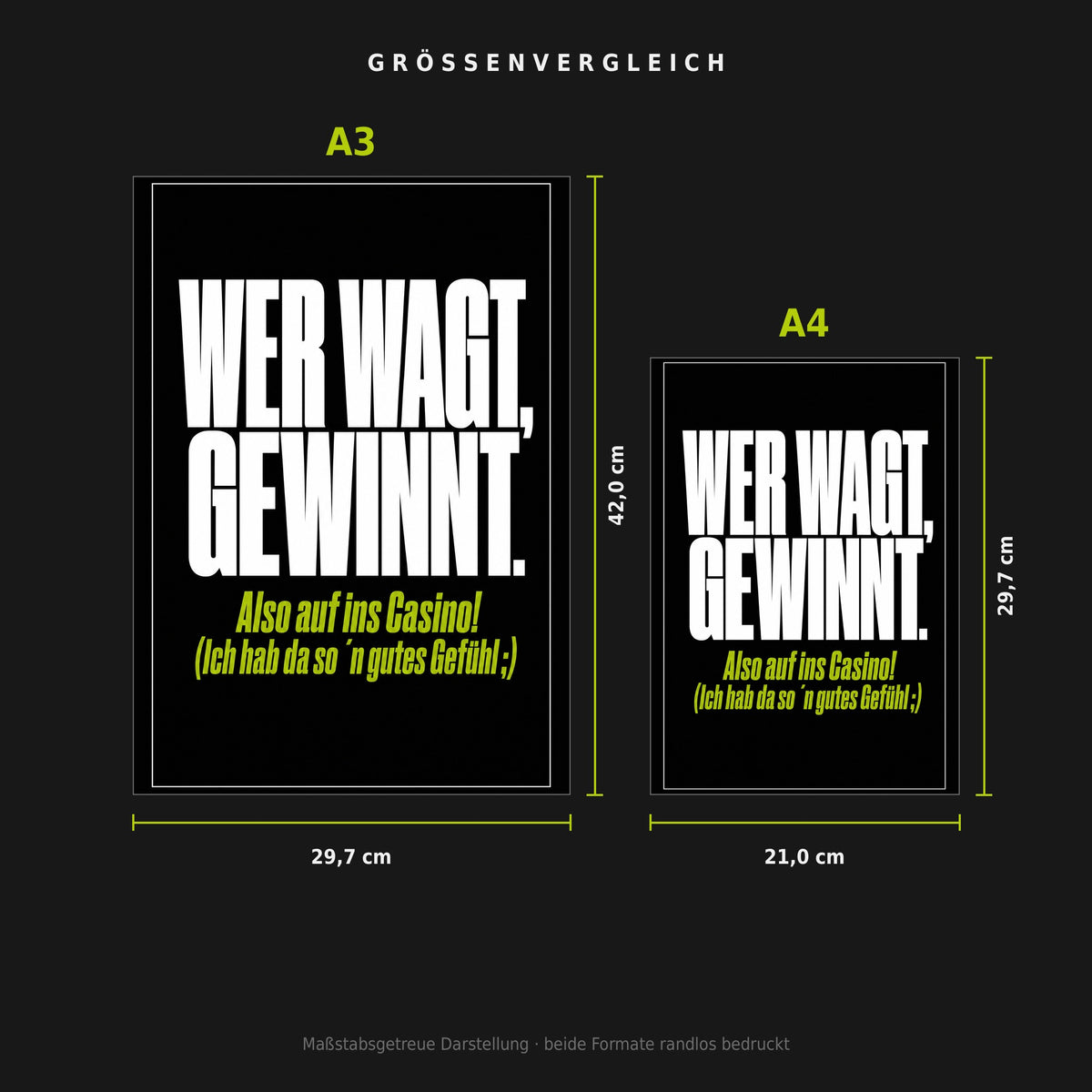 Größenvergleich: Poster „Wer wagt, gewinnt“ in A3 (29,7 × 42 cm) neben A4 (21 × 29,7 cm), maßstabsgetreu nebeneinander